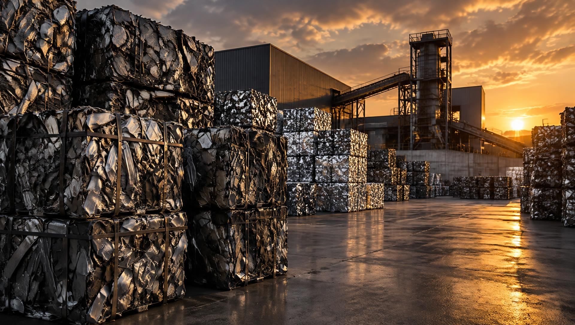 Pátio industrial com fardos de sucata metálica prensada